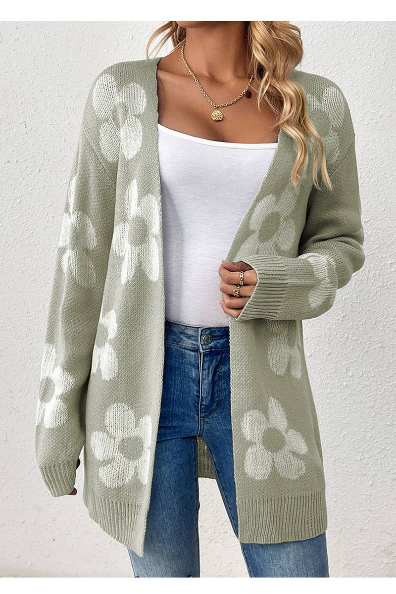 CWOCAL0755_MID-LENGTH CONTRASTING FLORAL KNITTED CARDIGAN