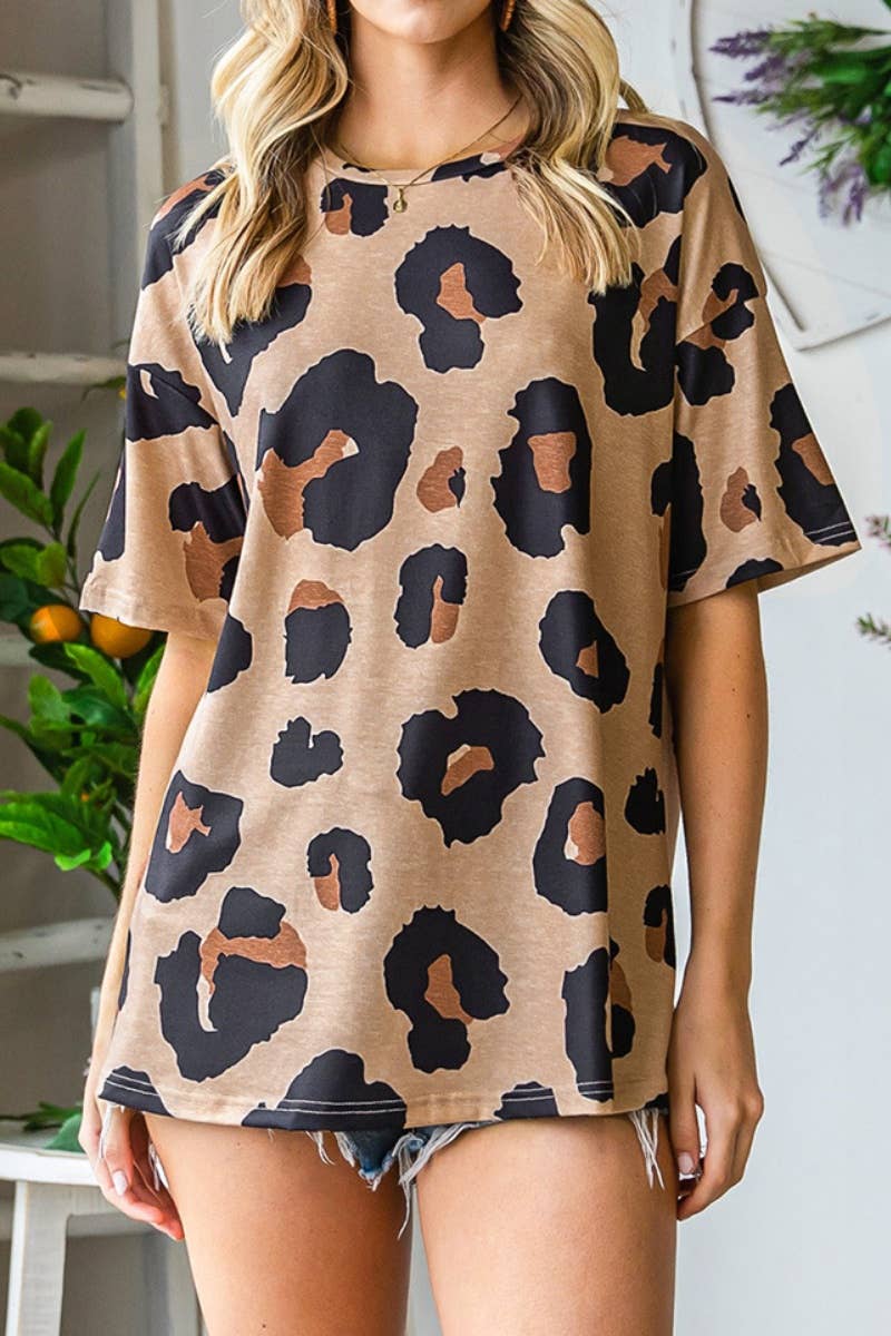 CWTBLS1245_ROUND NECK LEOPARD PRINT SHORT-SLEEVED TOP