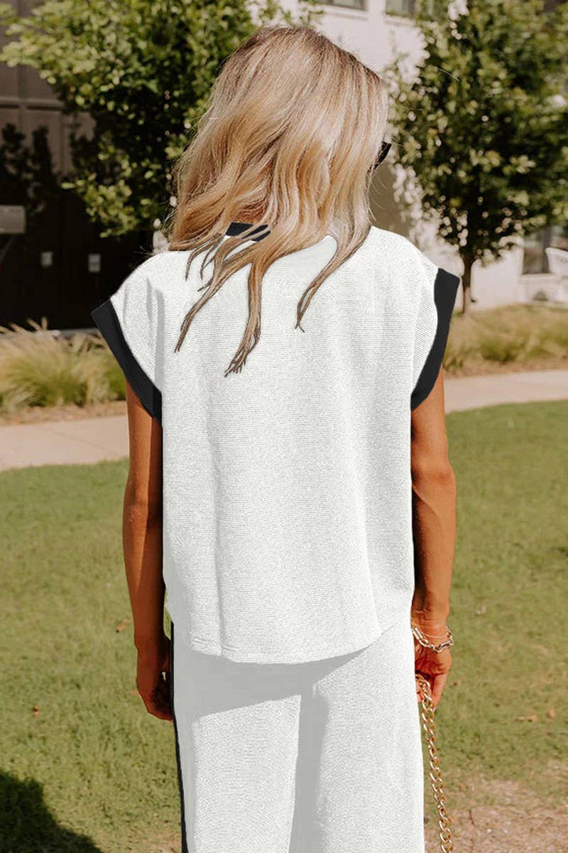 CWSTB1672_CONTRAST COLOR CREW NECK STRAIGHT PANTS SUIT