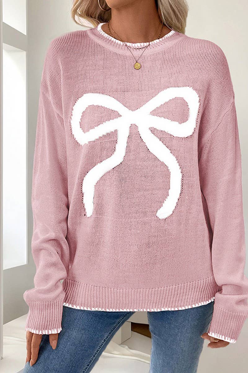 CWOSWL5861_BOW LONG SLEEVE CREWNECK CHRISTMAS SWEATER
