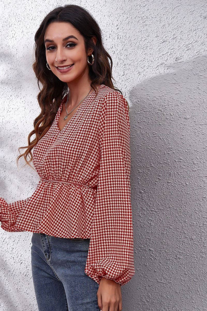 CWTBLL0707_V-Neck Long Sleeve Print Blouse