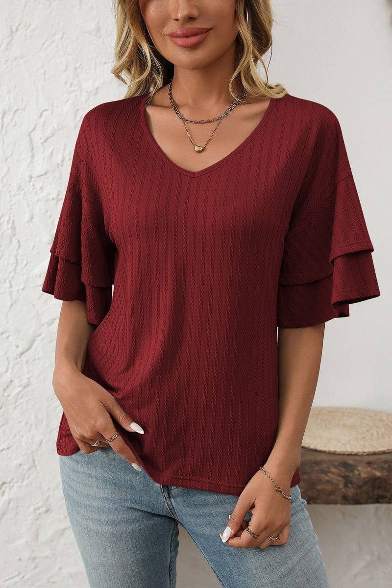 CWTBLS1713_SOLID COLOR V-NECK LOTUS SLEEVE T-SHIRT TOP