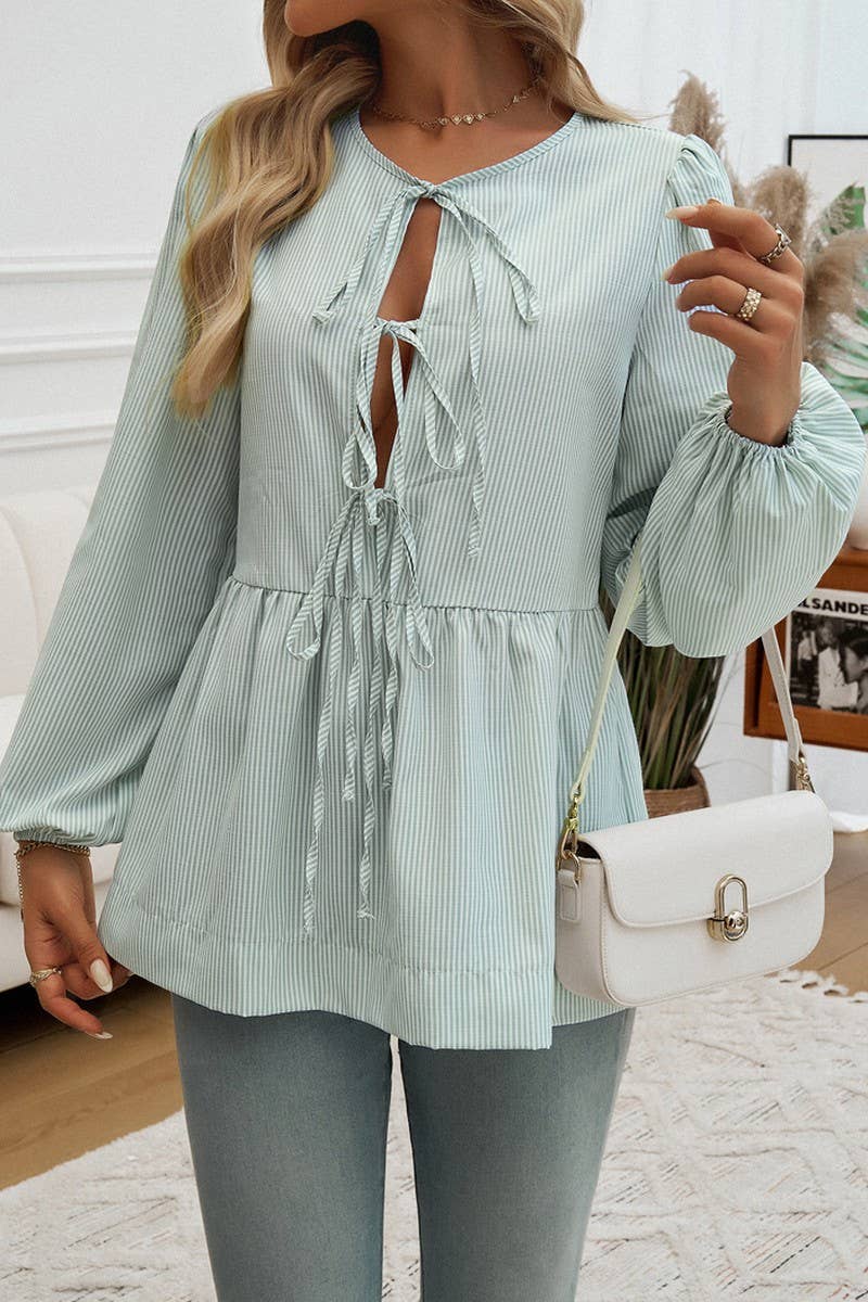 CWTSTL2742_CASUAL LOOSE STRIPED LANTERN SLEEVE TIE SHIRT