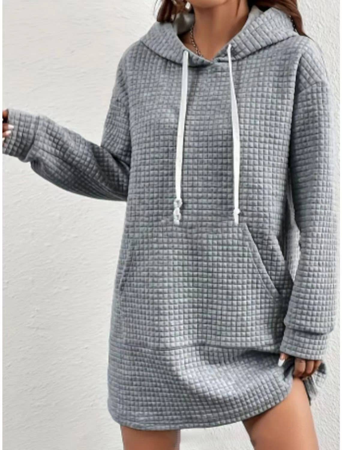 Casual hooded Waffle sweatshirt dress