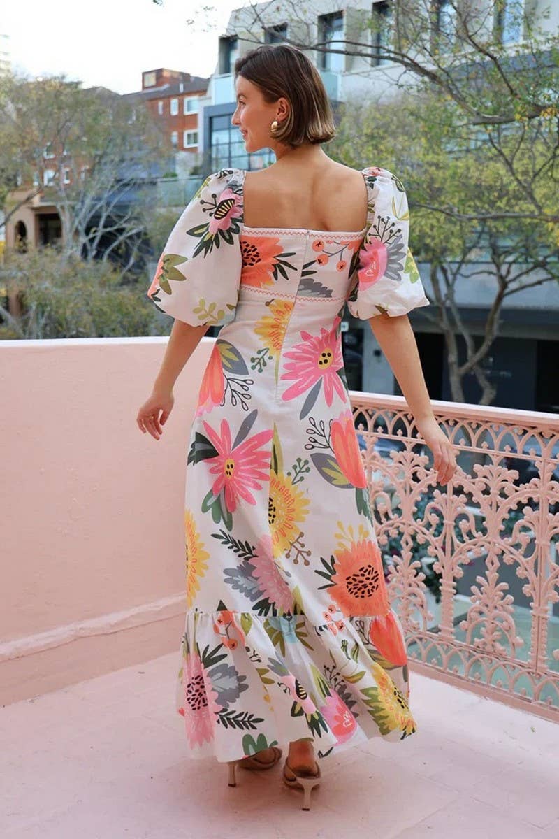 CWDMD5927_SQUARE NECK SLIM LANTERN SLEEVE FRENCH LONG DRESS