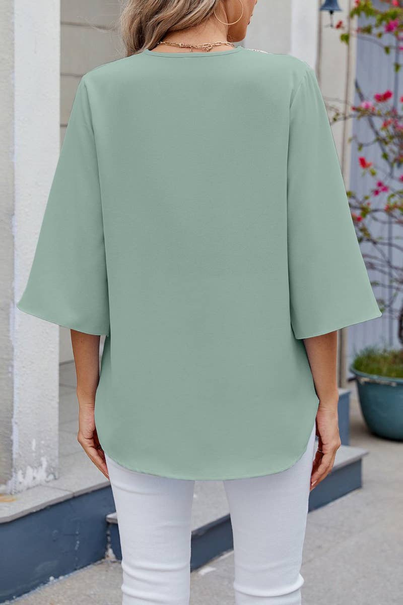 CWTTS1345_SPRING AND SUMMER V-NECK LACE CHIFFON TOP