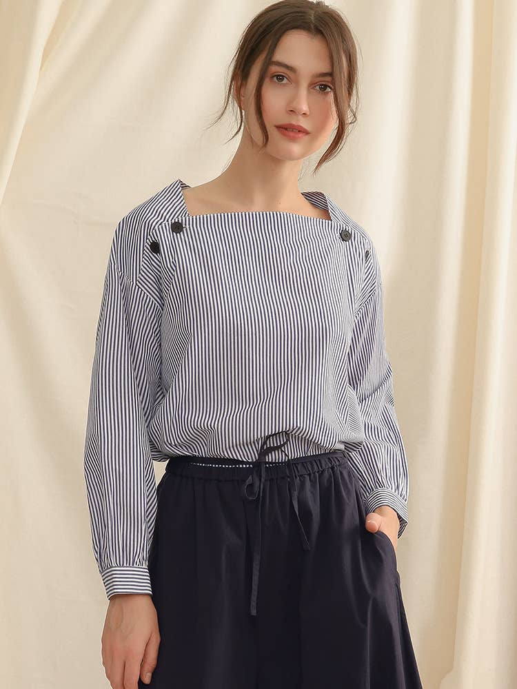 Commuter fold wear stripe long sleeve blouse