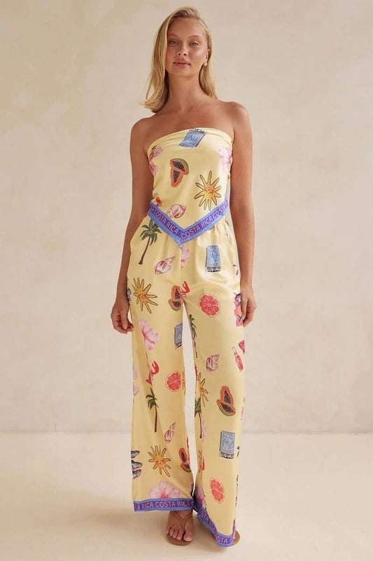 CWSJS1740_FLORAL STRAPLESS CROP TOP WITH WIDE LEG PANTS SET