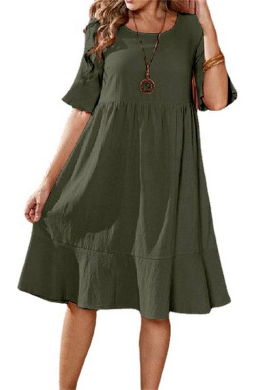 CWDMD3161_WIDE HEM SHORT SLEEVED COTTON AND LINEN DRESS