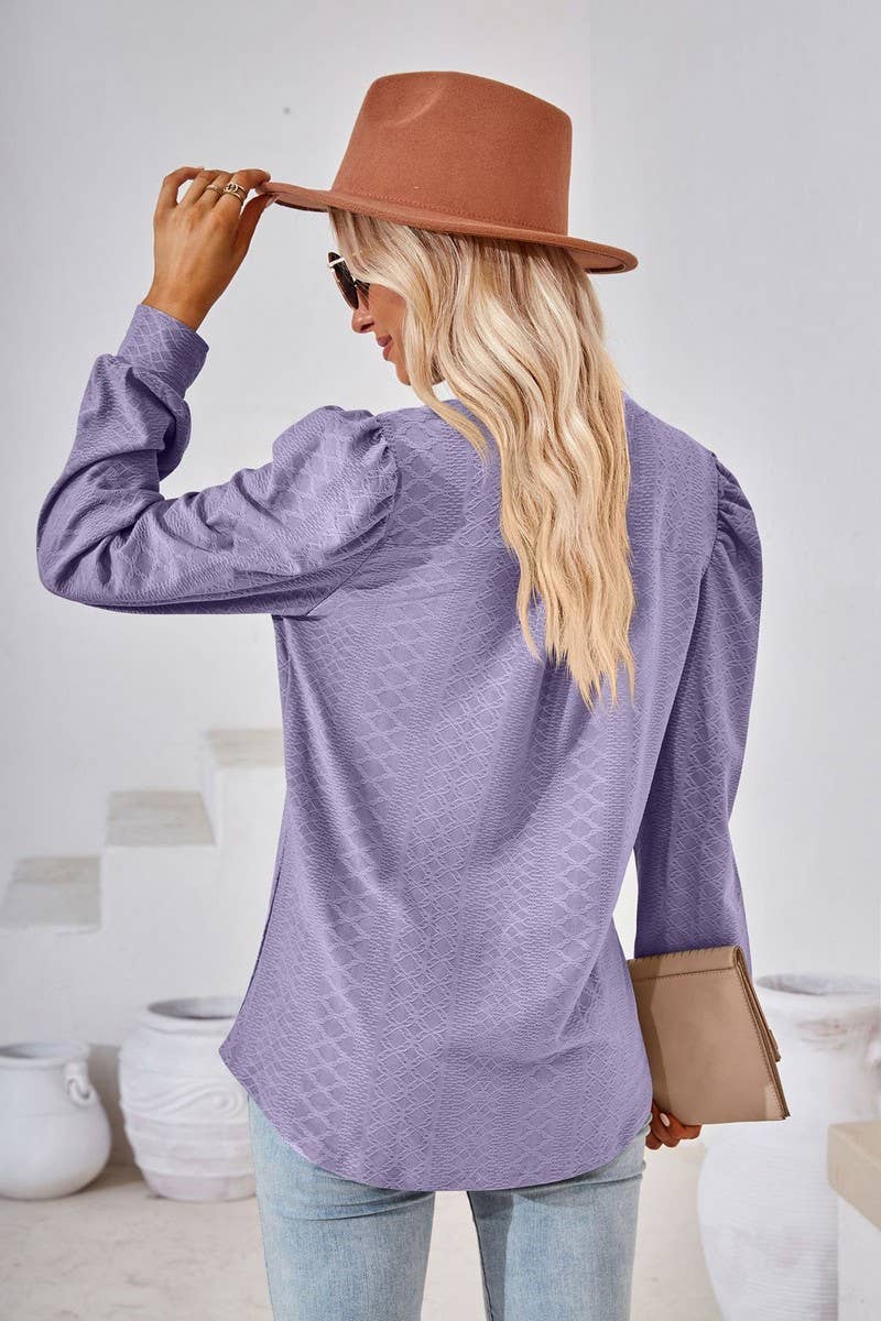 CWTBLL2374_SOLID COLOR V-NECK JACQUARD LONG-SLEEVED TOP