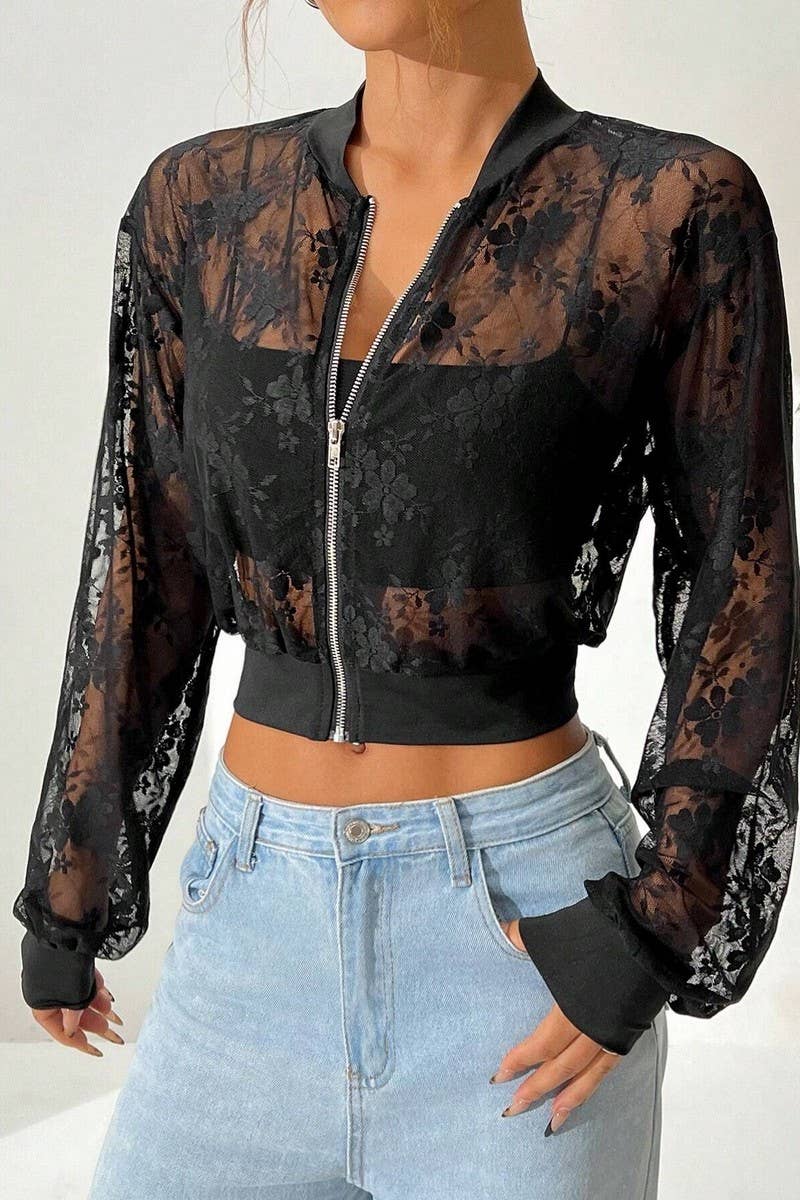 CWOCO1139_JACQUARD LACE SEE-THROUGH ZIP-UP BOMBER JACKET
