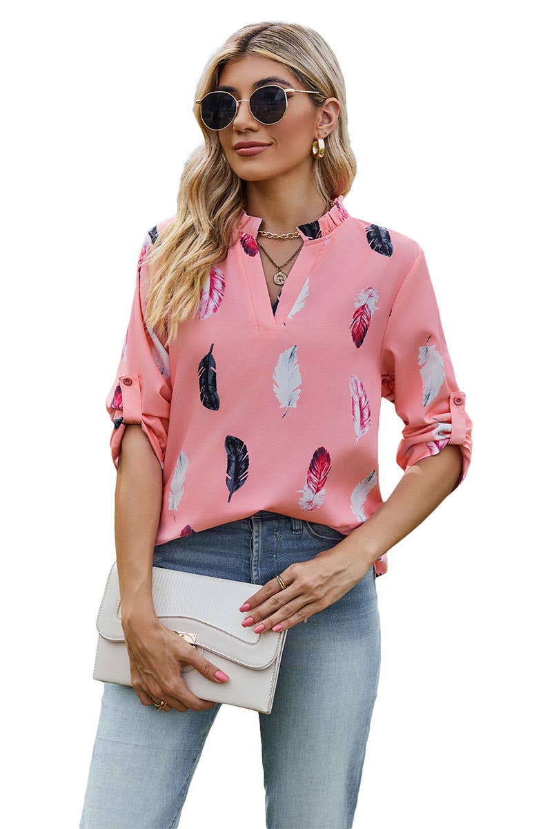 CWTBLS0302_3/4 Sleeve V-Neck Print Blouse