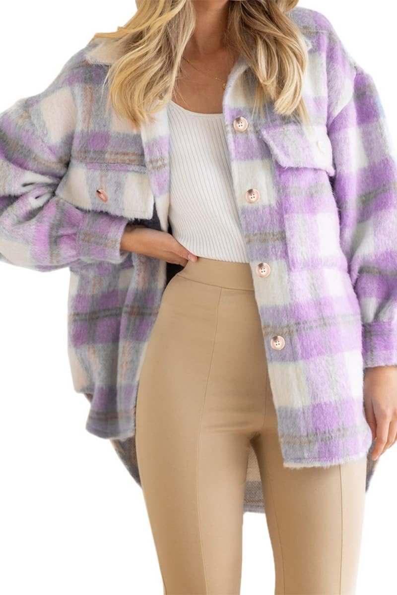 CWOCO0972_WINTER PLAID MOHAIR LONG-SLEEVED WOOLEN COAT