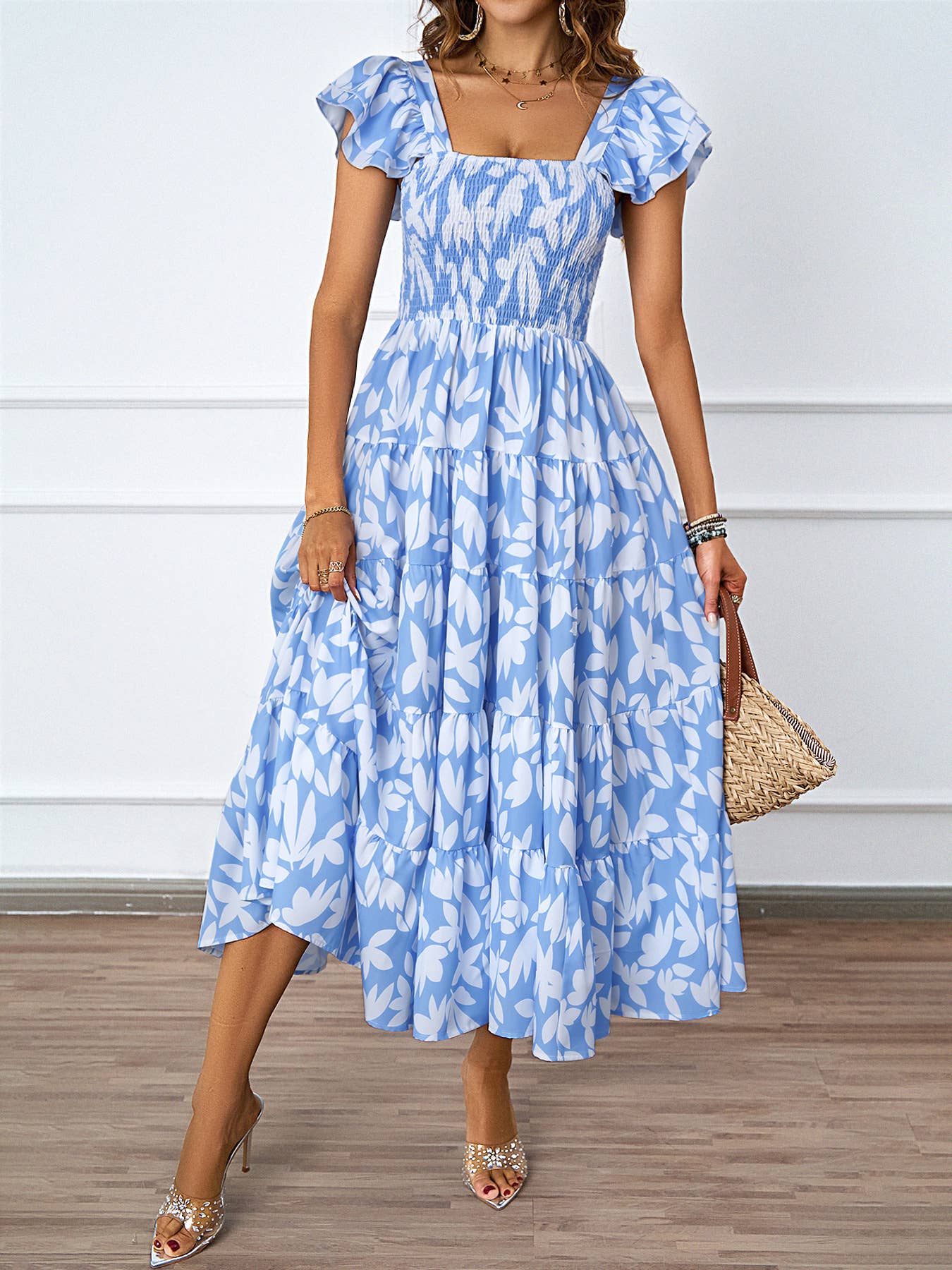 CASUAL SQUARE COLLAR PRINT PLEATED DRESS