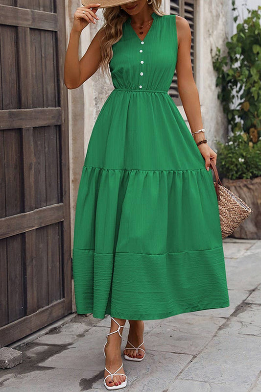 CWDMD5280_V-NECK SOLID SLEEVELESS STAND COLLAR A-LINE DRESS