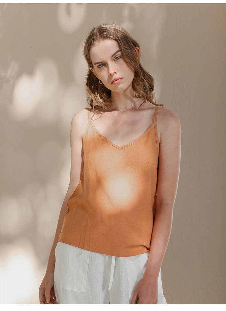 Cotton linen V-neck solid color loose halter top