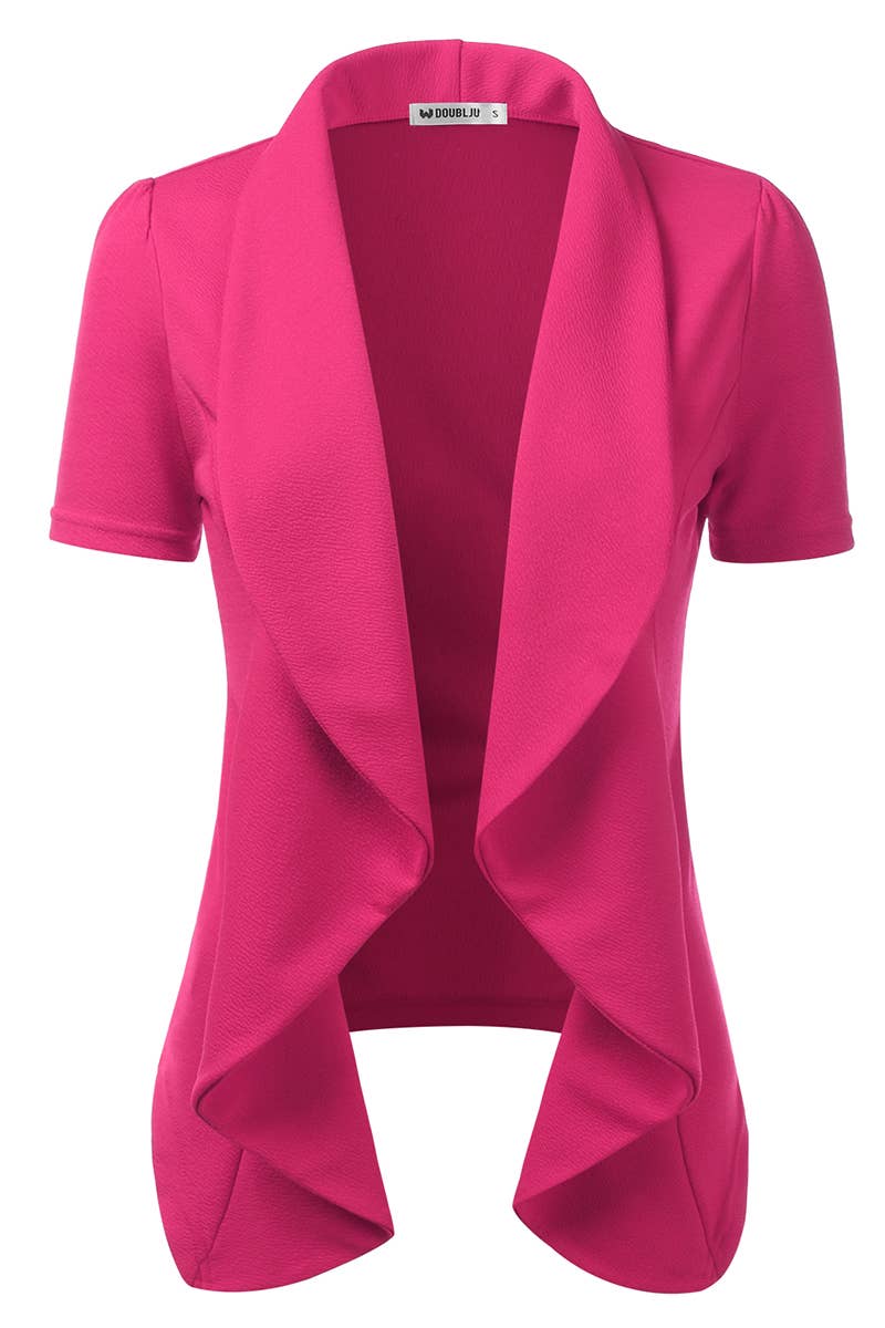 CWOBL095-P_Short Sleeve Open Front Draped Ruffles Blouses