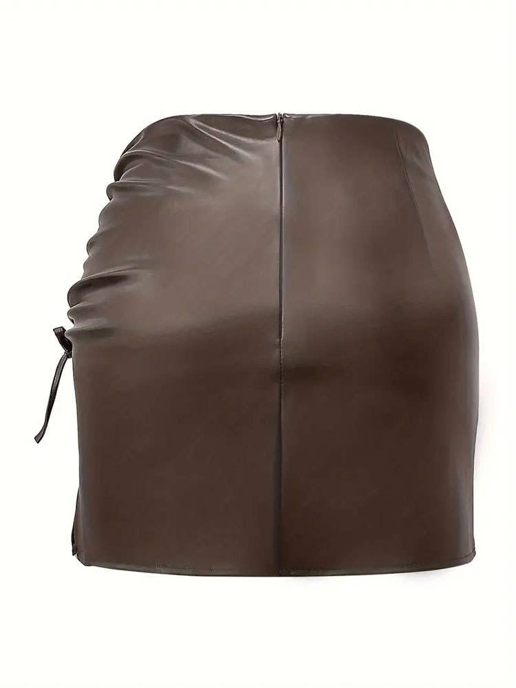 Drawstring strap split pack hip PU leather skirt