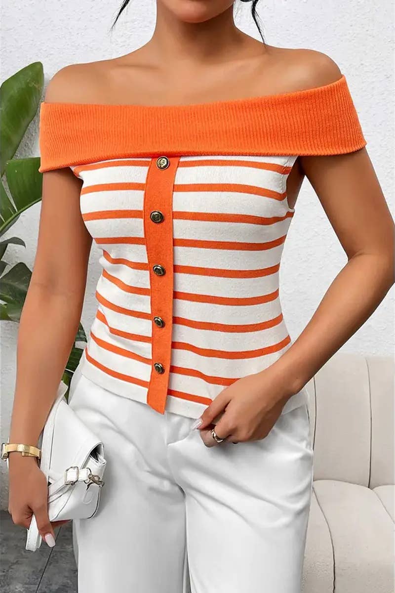 CWTTS1306_FASHION STRIPED OFF-SHOULDER BOAT NECK SWEATER