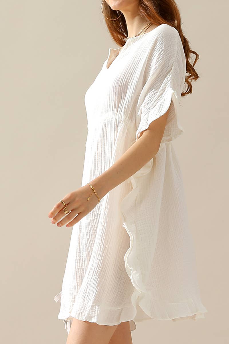 CWDSD10360_DRAWSTRING WAIST SOFT COTTON RUFFLE HEM DRESS