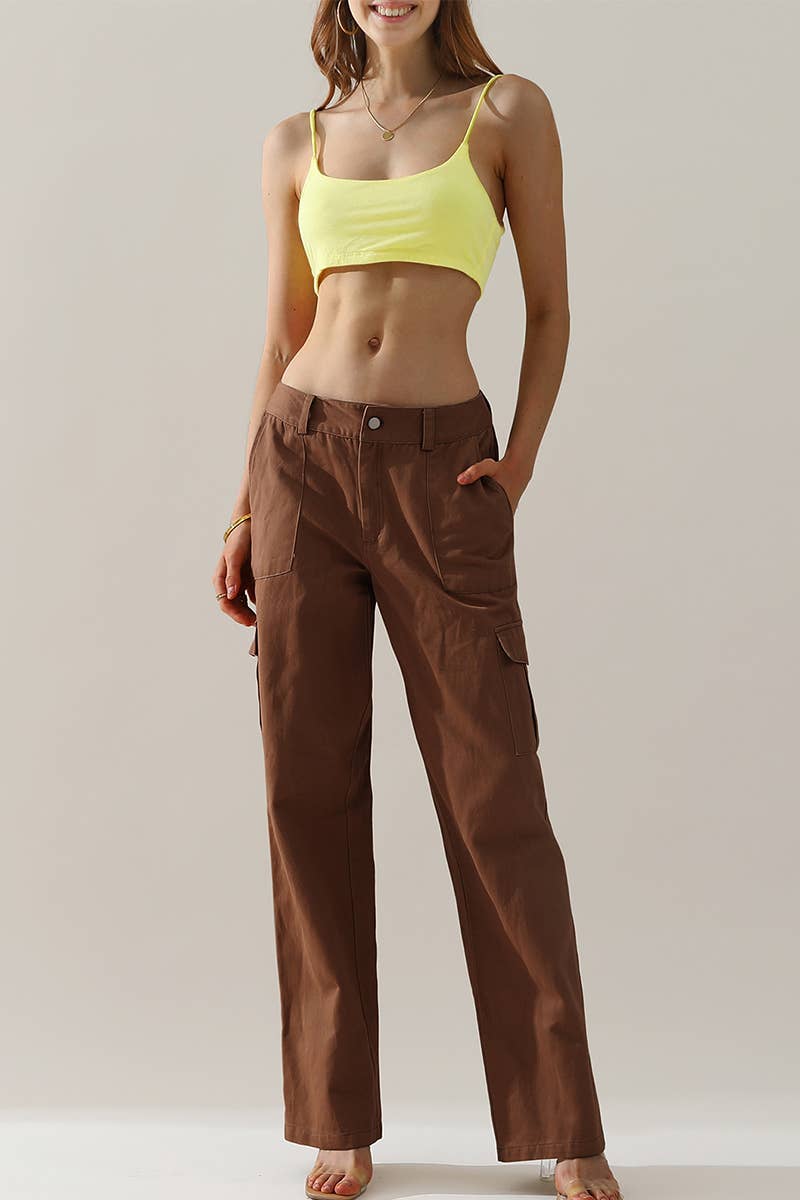 CWBLP421_Cargo Cotton Pants Wide Leg Casual Pants 4 Pockets