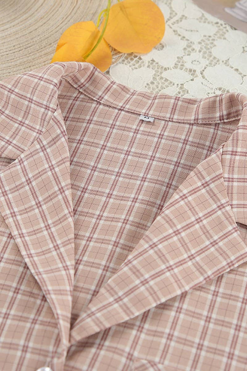 CWSPJ0203_PLAID CARDIGAN SHORTS HOME PAJAMAS TWO-PIECE SET