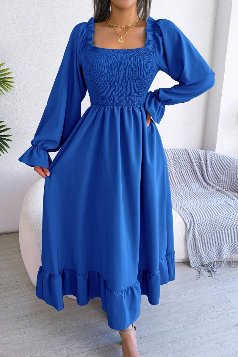 CWDMD2663_RUFFLED DRESS WITH SQUARE COLLAR FLARED SLEEVES