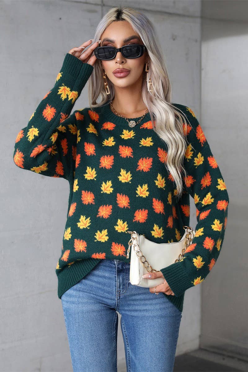CWOSWL5757_MAPLE LEAF CHRISTMAS CREW NECK SWEATER
