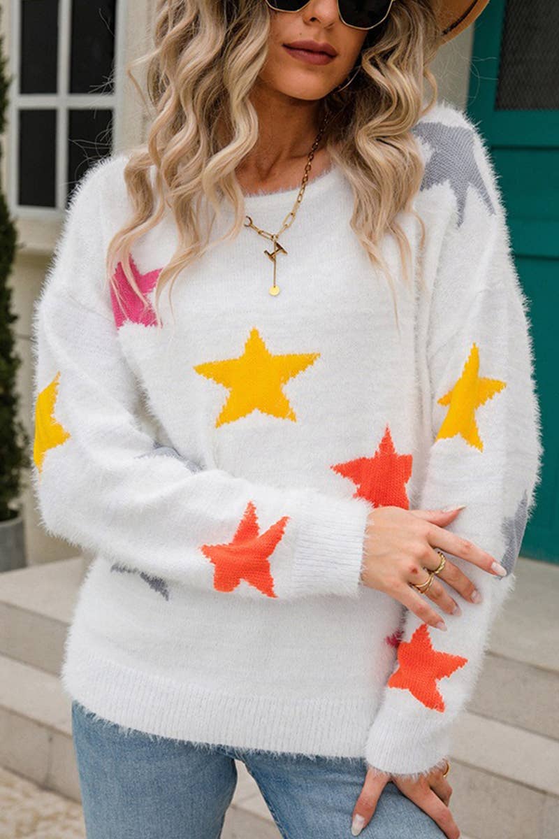 ELEGANT CREW NECK FIVE-POINTED JACQUARD SWEATER