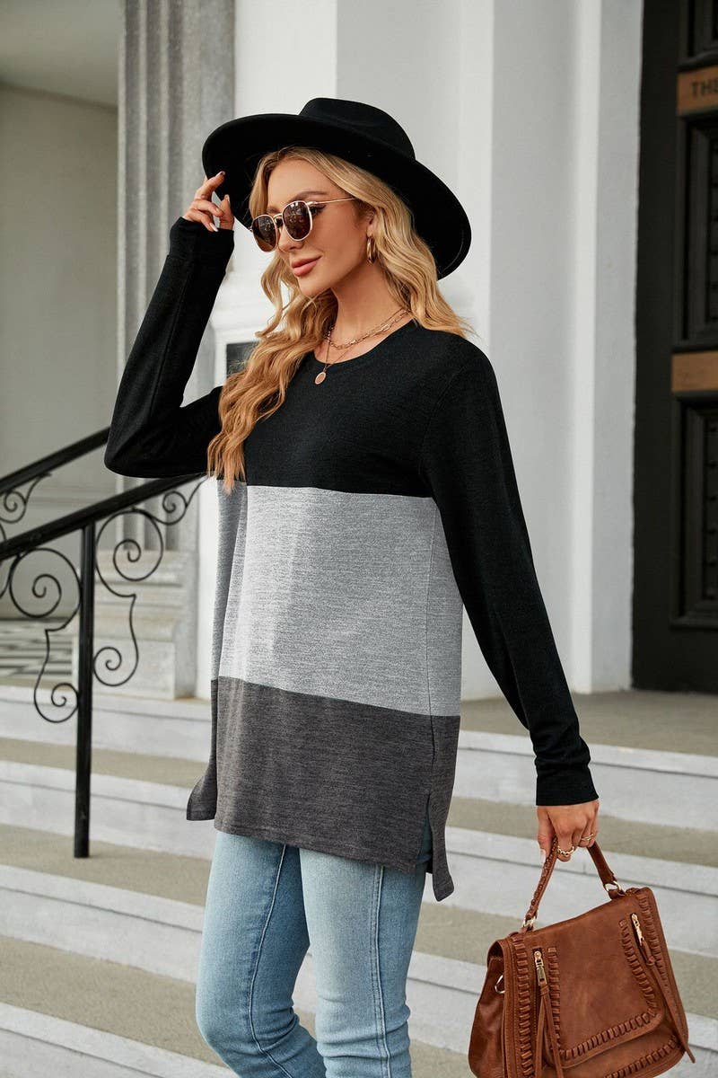 CWTBLL2411_SOLID COLOR ROUND NECK CONTRAST STITCHING T-SHIRT