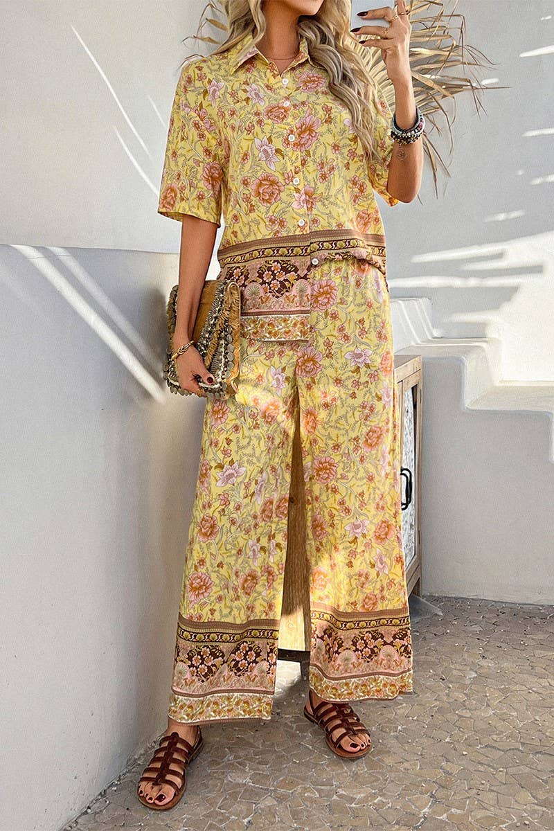 CWSS1190_CONTRAST COLOR PRINT SHORT SLEEVE LONG PANTS SUIT