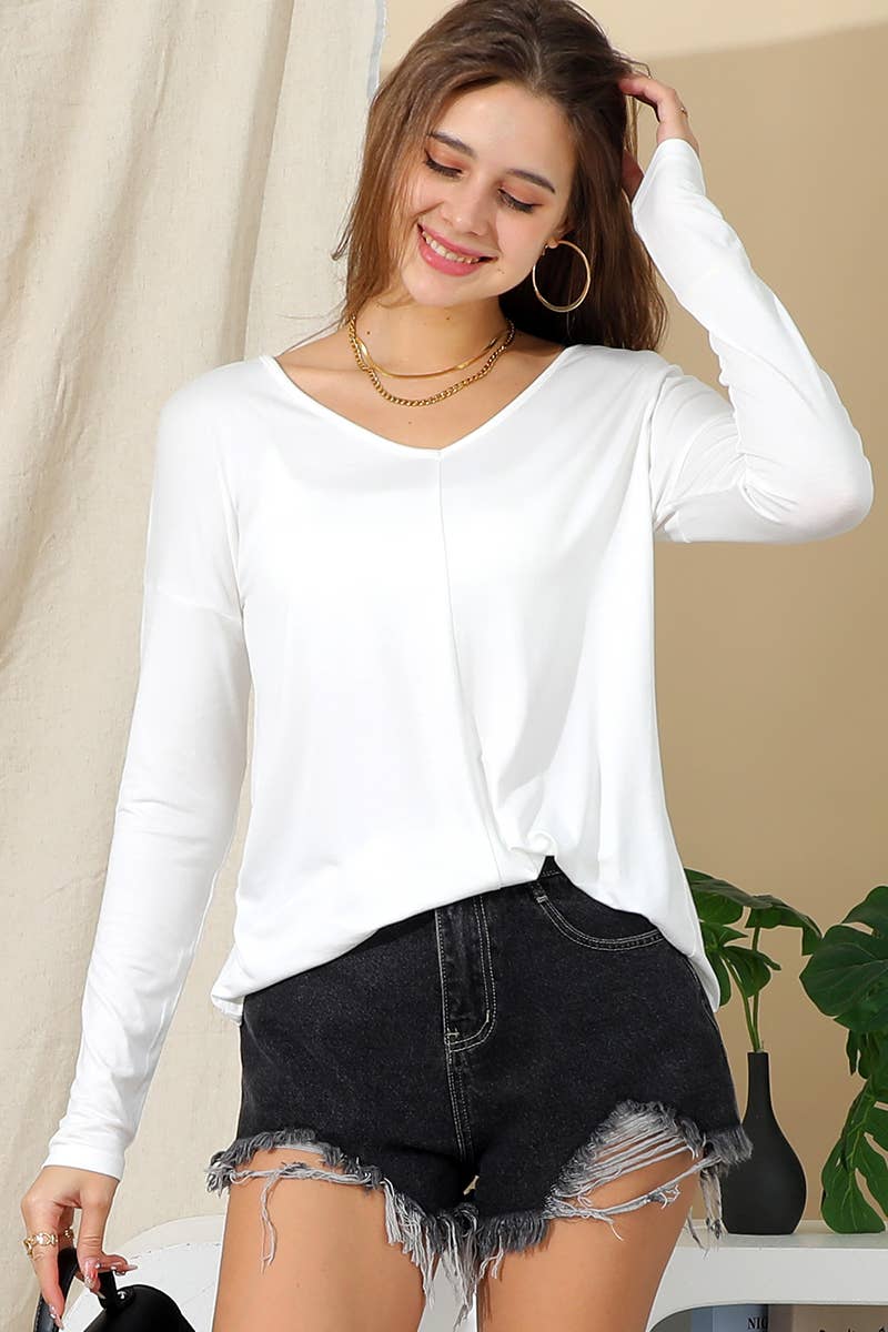 CWTTL1484_Casual V-Neck Loose Fit Long Sleeve Tops