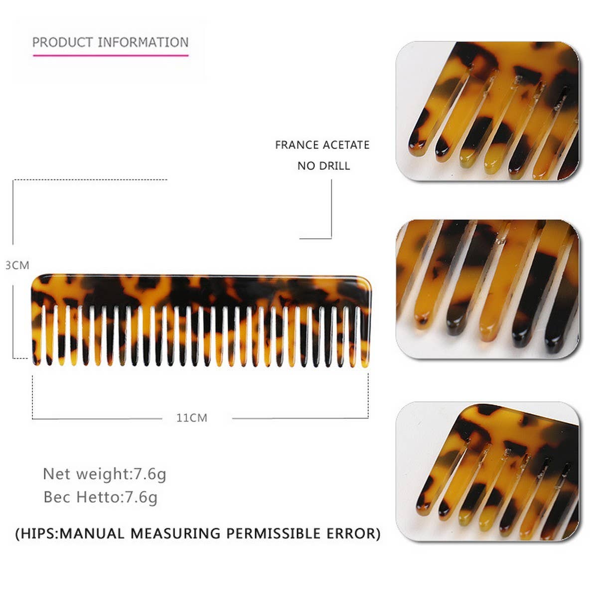 VINTAGE ACETATE HAIR COMB DENSE TOOTH COMB