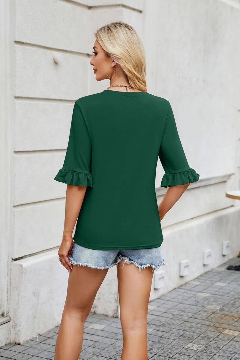 CWTBLS1725_SOLID COLOR ROUND NECK RUFFLE SLEEVES TOP