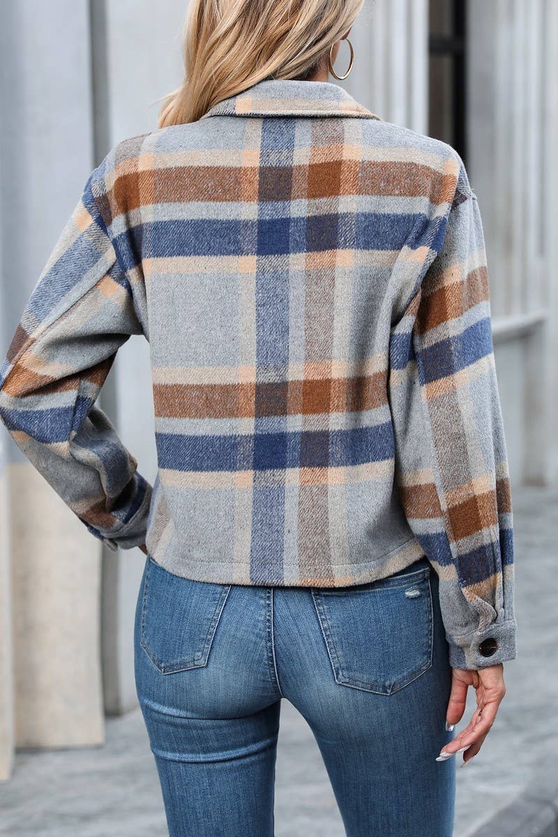 CWOCO1100_LAPEL LONG SLEEVE POCKET PLAID SHORT COAT