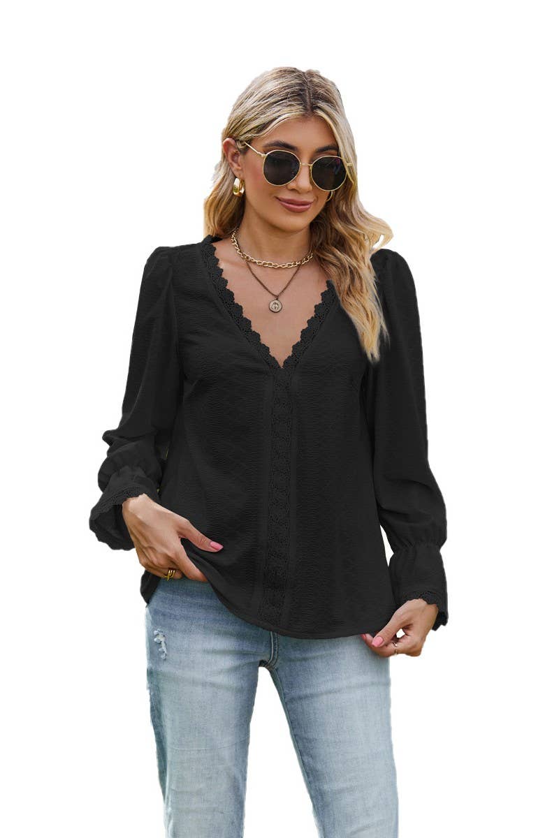 CWTBLL3685_PULLOVER V-NECK LACE LONG-SLEEVED T-SHIRT
