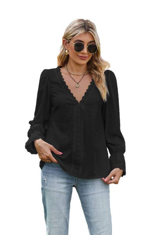 CWTBLL3685_PULLOVER V-NECK LACE LONG-SLEEVED T-SHIRT
