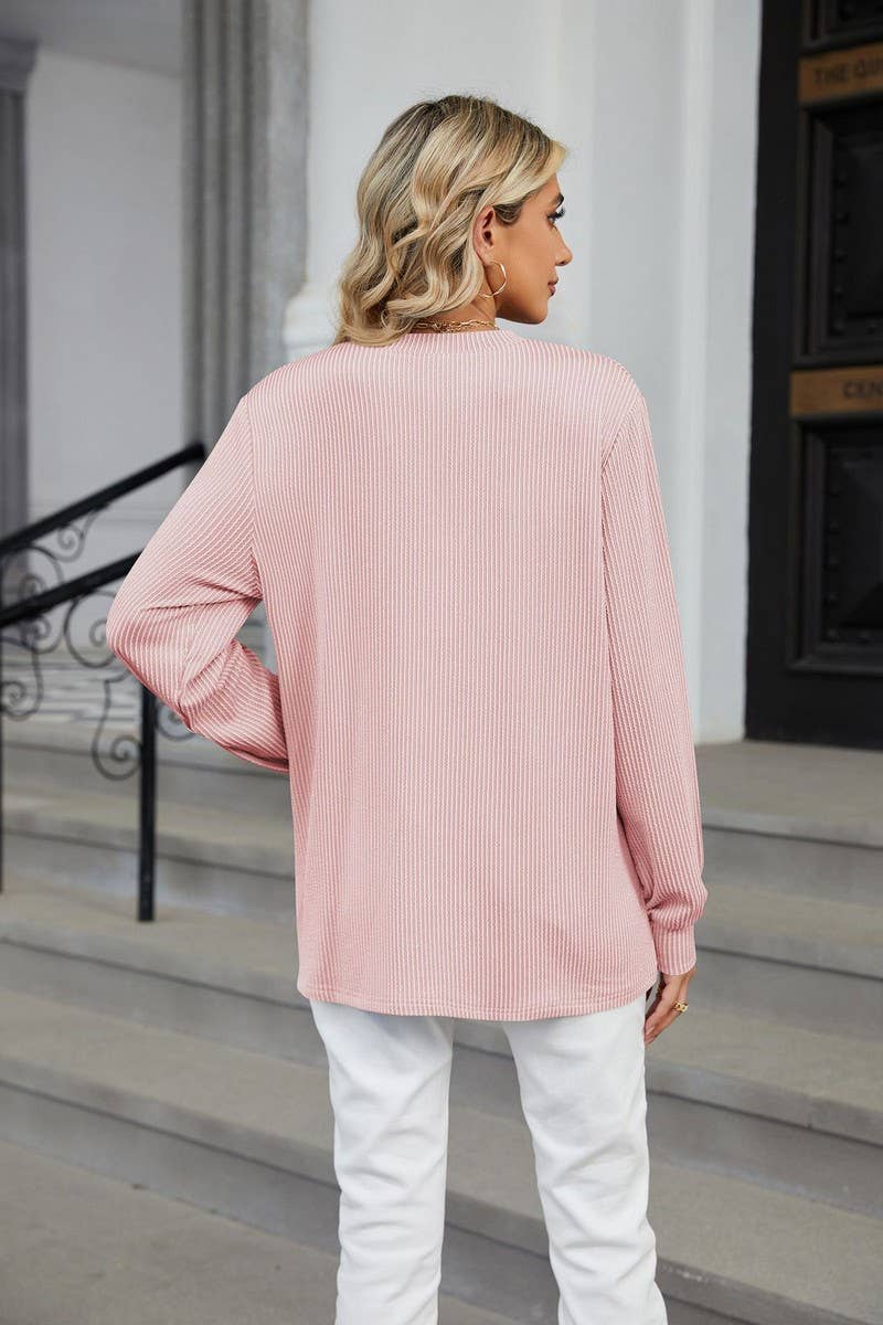 CWTBLL2362_LONG SLEEVE BUTTON V NECK STRIPED T-SHIRT TOP