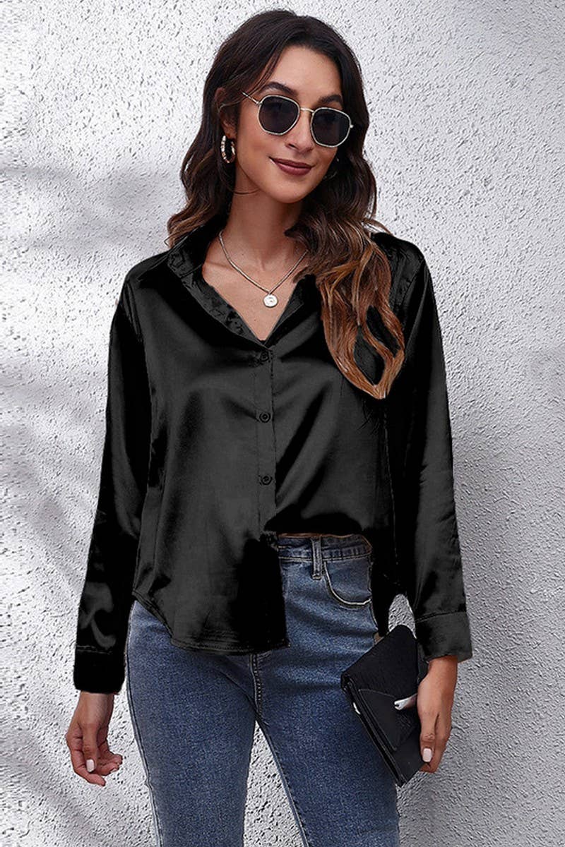 CWTBLL0691_Button Down Silky Satin Long Sleeve Top