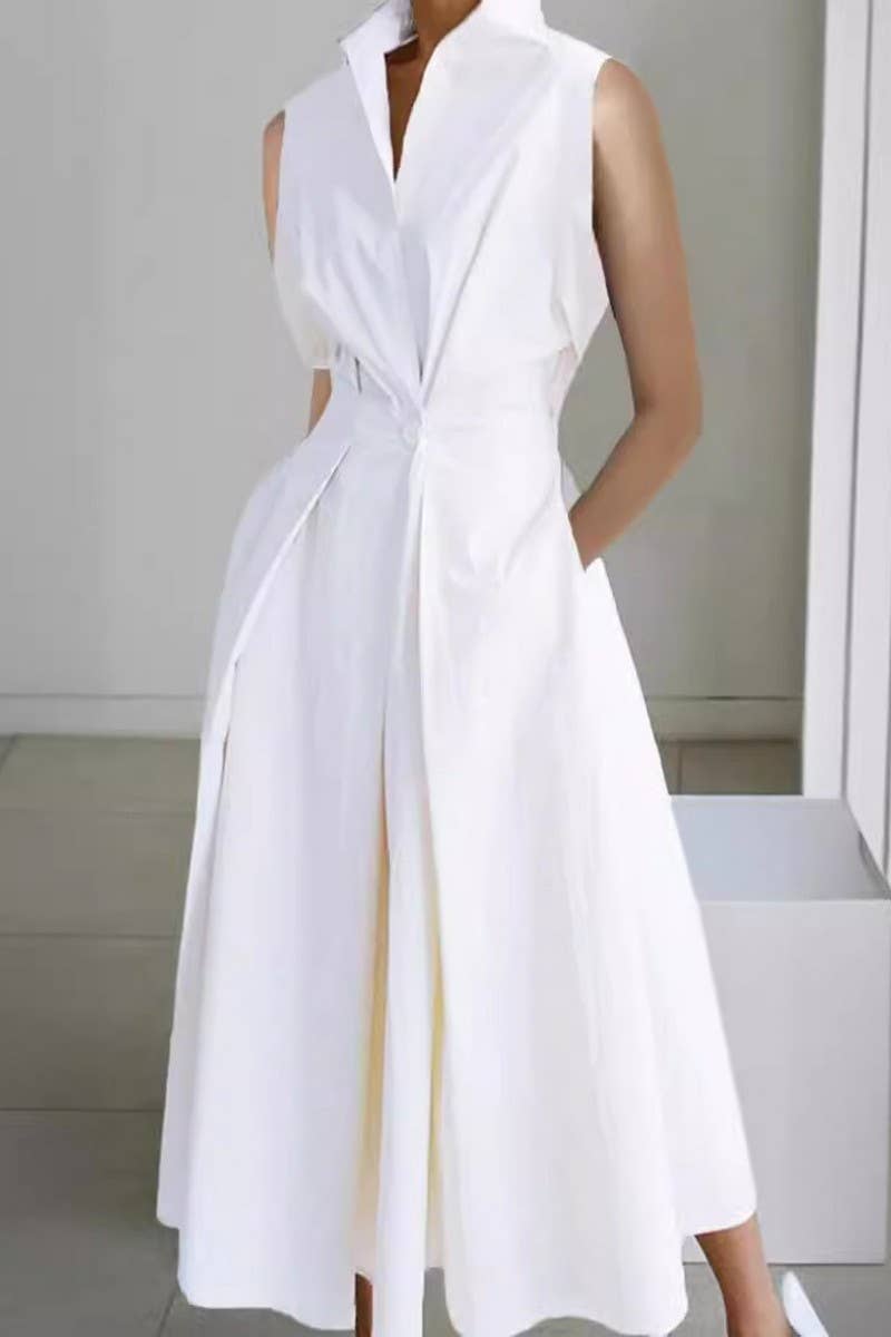 CWDMD01052_SUMMER COMMUTING V-NECK BUTTON-DOWN DRESS