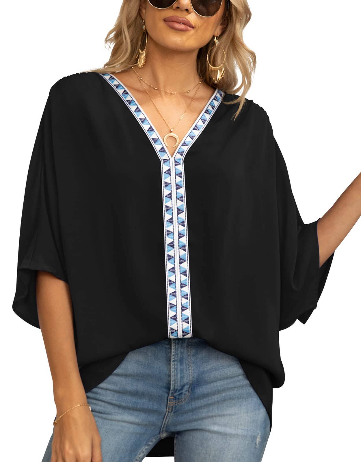 BAT-SLEEVED CHIFFON V-NECK SHORT-SLEEVED SHIRT
