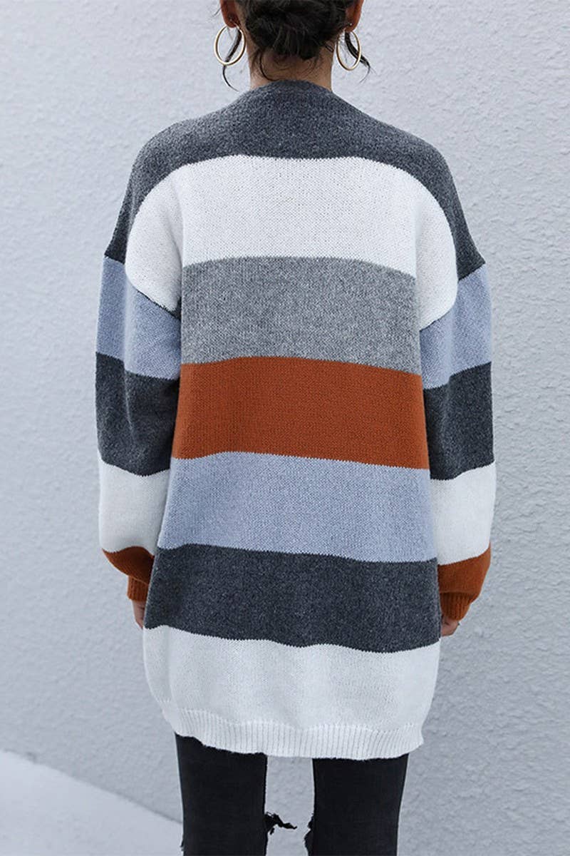 CWOSWL2157_STRIPED CASUAL MID-LENGTH KNITTED SWEATER COAT