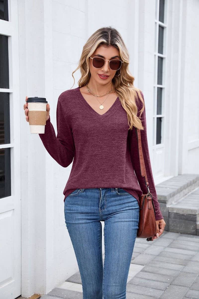 CWTBLL01302_V NECK LOOSE FIT LONG SLEEVE CASUAL TEE