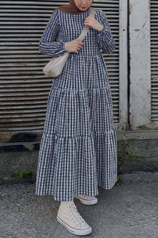 CWDMD3267_CHECKED MUSLIM PUFF SLEEVE DRESS