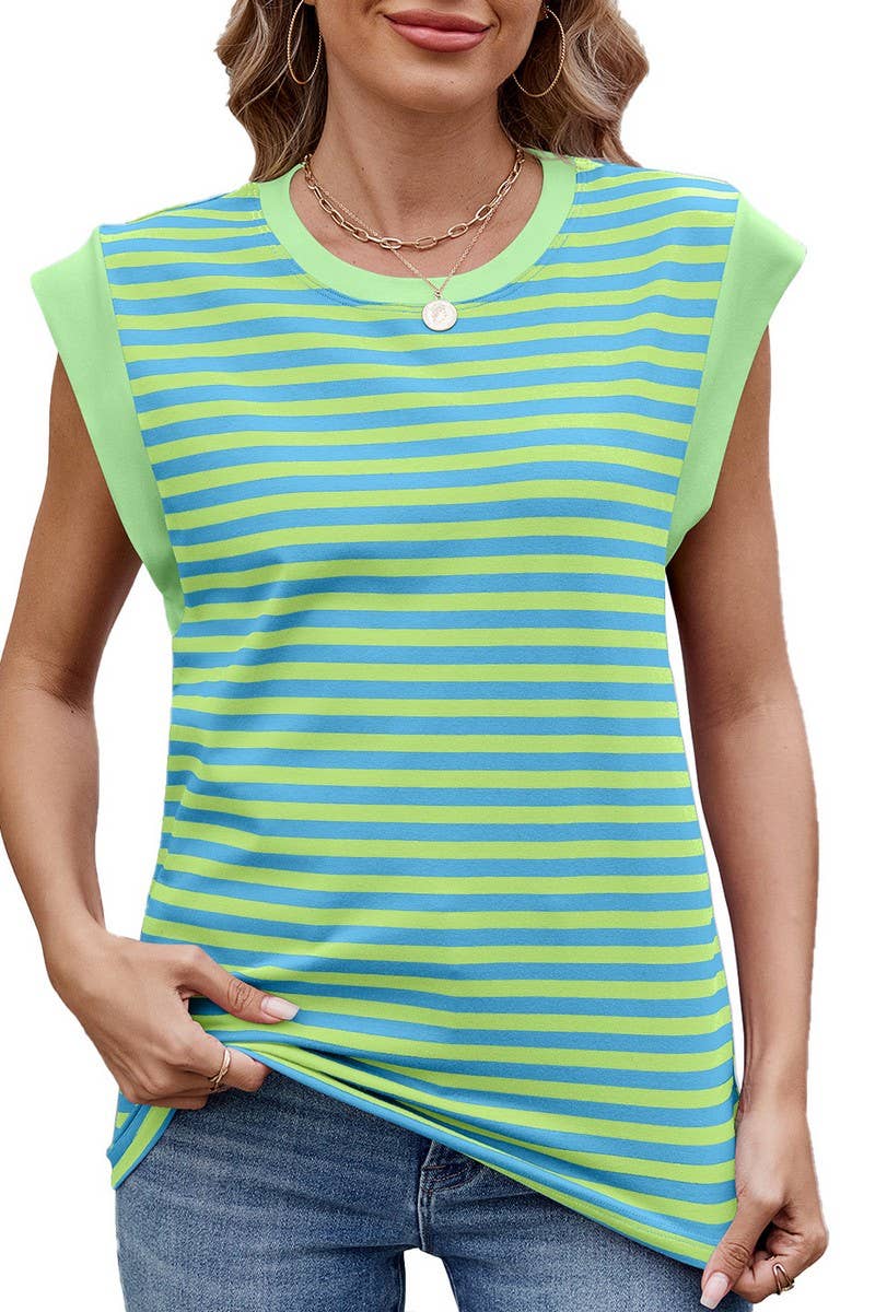 CWTTSL0295_STRIPED CONTRAST PANEL ROUND NECK SLEEVELESS TOP