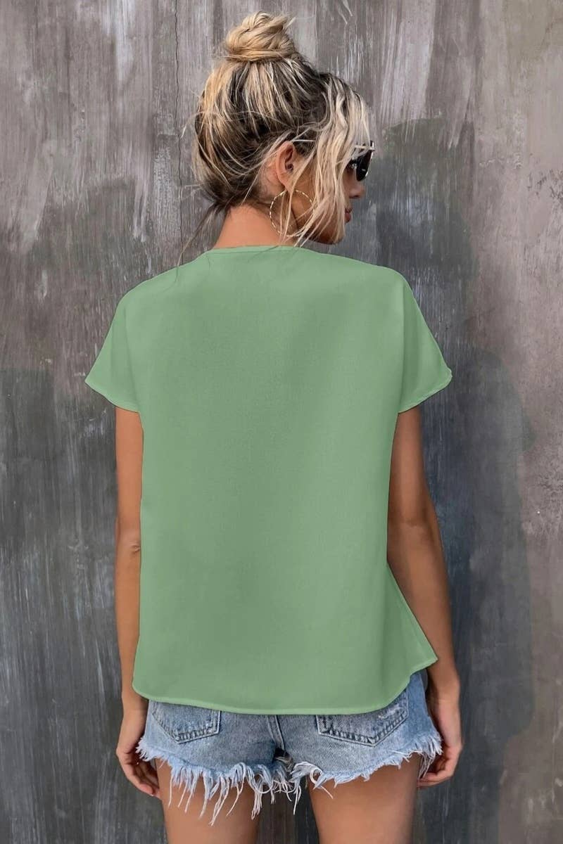 CWTBLS1130_SHORT SLEEVE LACE-UP EMBROIDERED BAT SLEEVE TOP