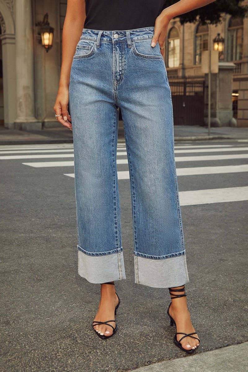 CWJP0583_ROLLED HEM HIGH WAIST STRAIGHT LEG JEANS