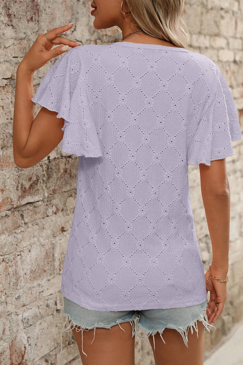 CWTTS1371_SUMMER FLOWER HOLLOW LOTUS SLEEVE CASUAL TOP