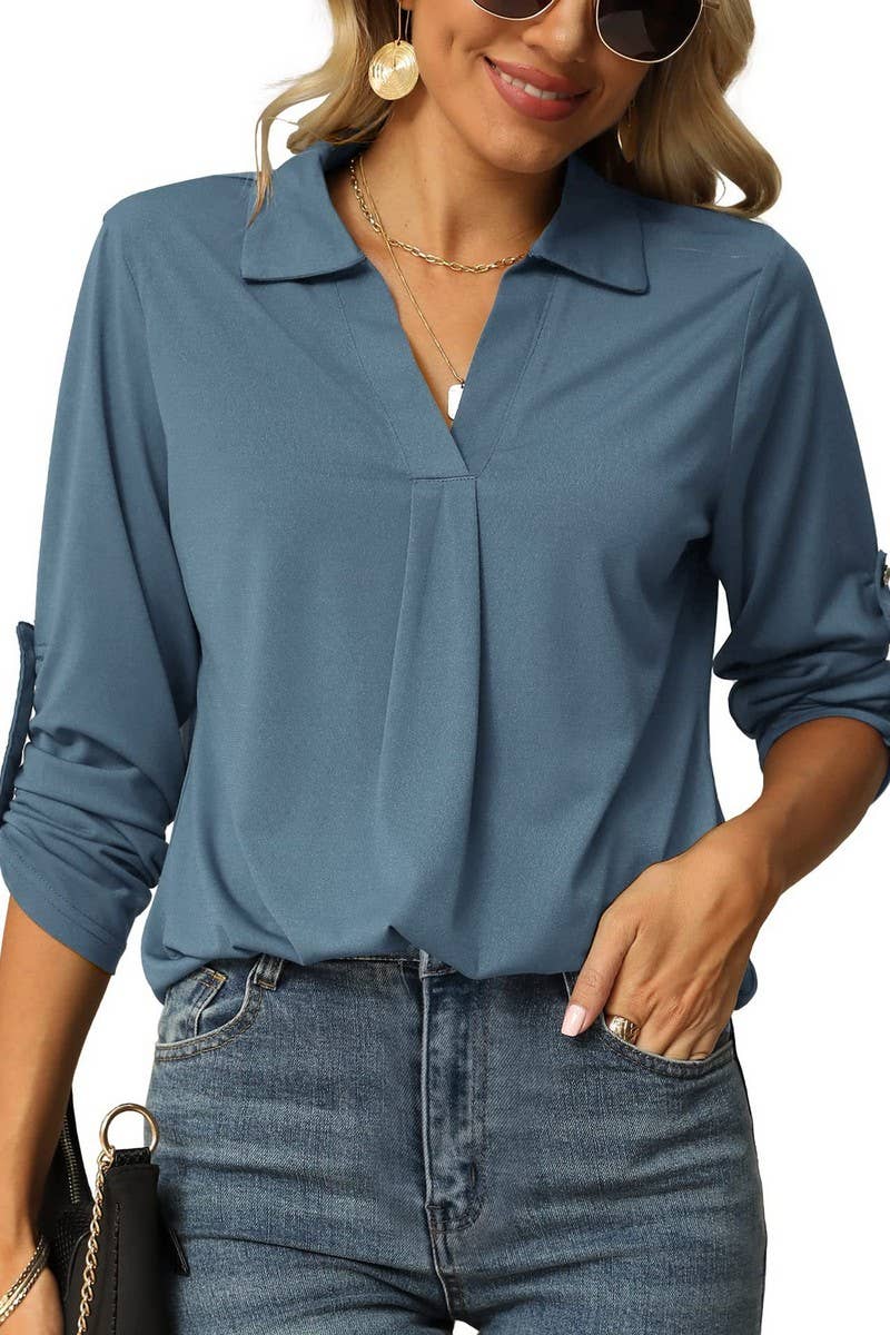 CWTBLL3627_AUTUMN ELASTIC V-NECK LONG-SLEEVED T-SHIRT TOP