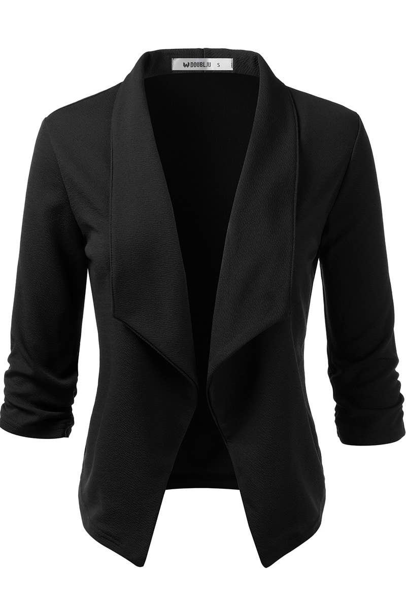CWOBL091_Casual Work Ruched 3/4 Slv Open Front Blazer Jacket